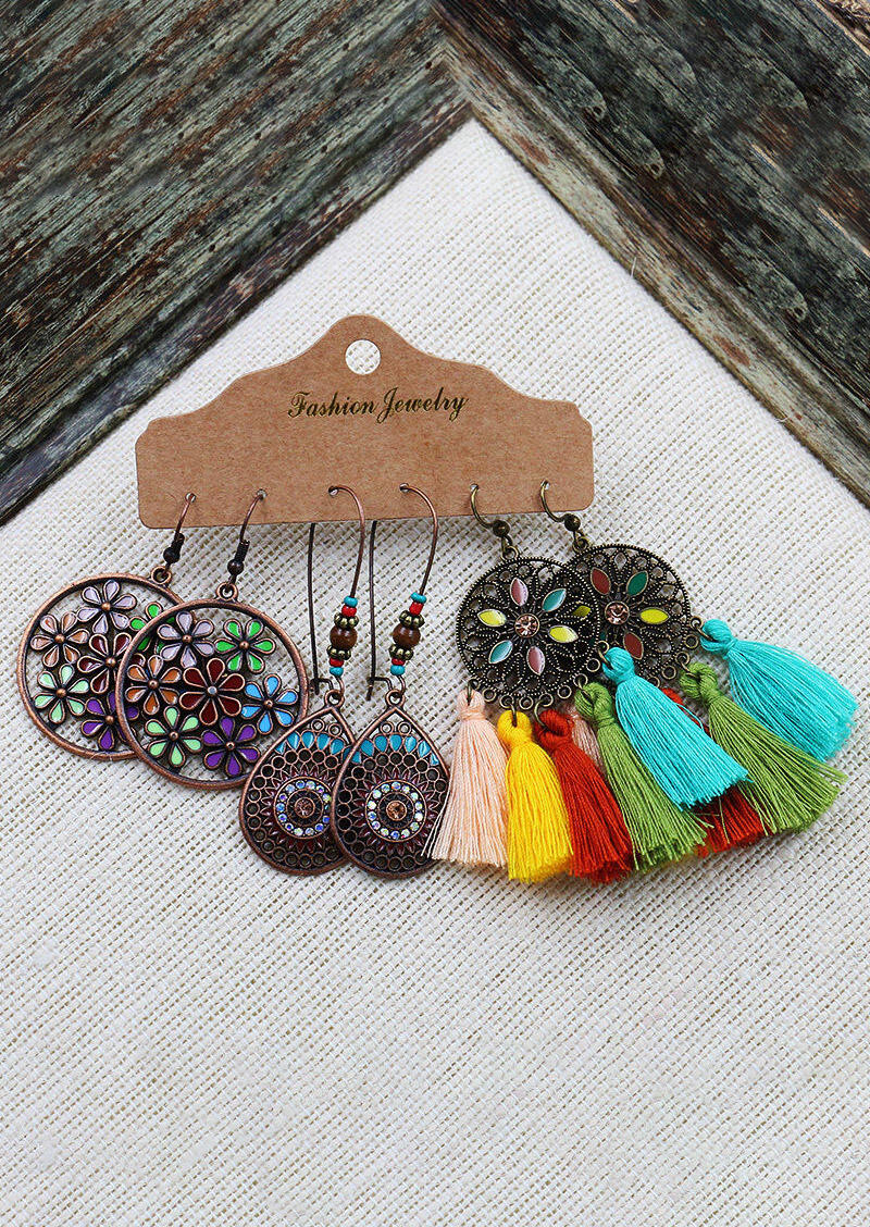 

Earrings 3 Pairs/Set Braided Tassel Pendant Vintage Earrings in #1. Size