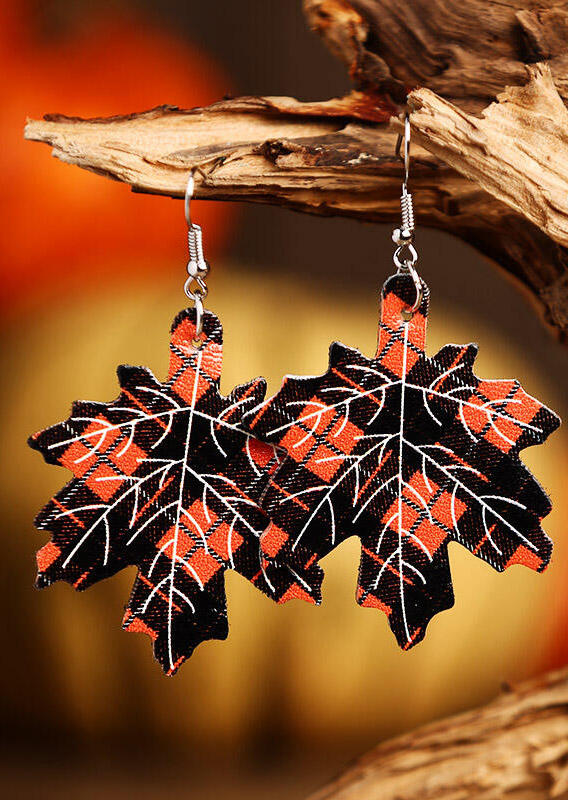 Earrings Maple Leaf Plaid Leather Earrings in Black,Orange. Size: One Size