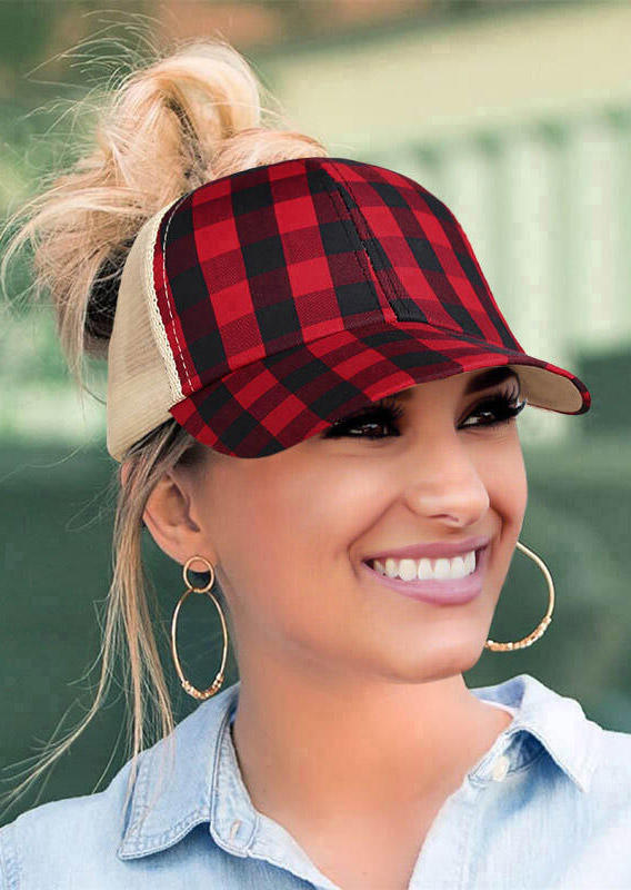 

Hats Plaid Mesh Splicing Criss-Cross Hollow Out Baseball Cap in Red. Size
