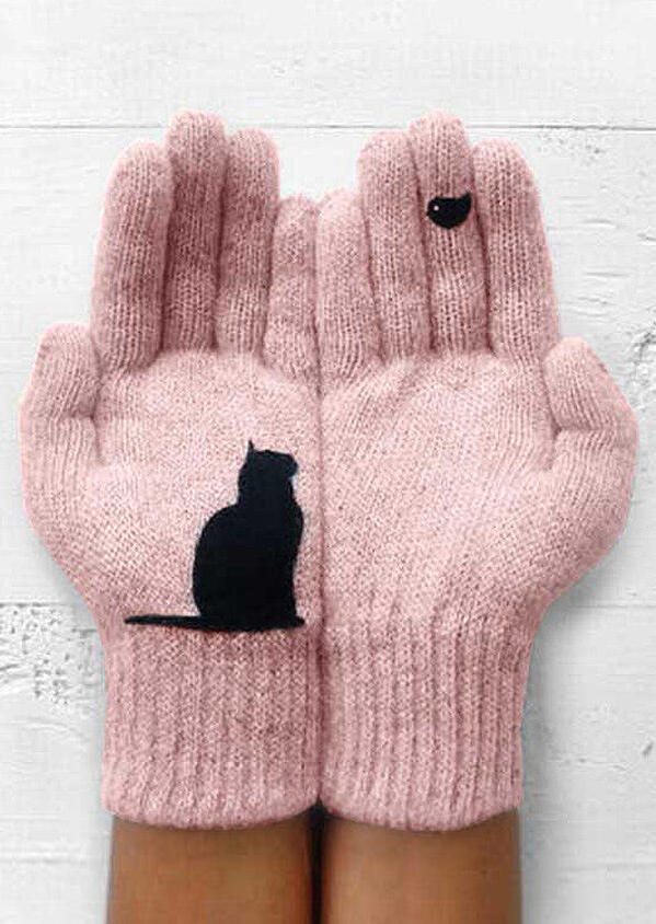 

Gloves Winter Warm Black Cat Bird Knitted Gloves in Pink. Size