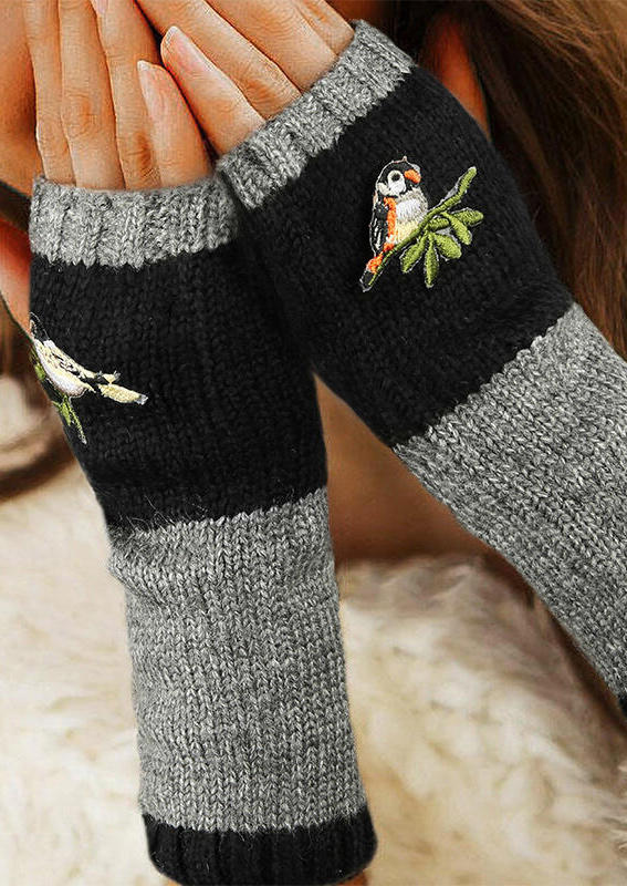 

Gloves Bird Embroidered Color Block Fingerless Thumbhole Knitted Gloves in Black. Size