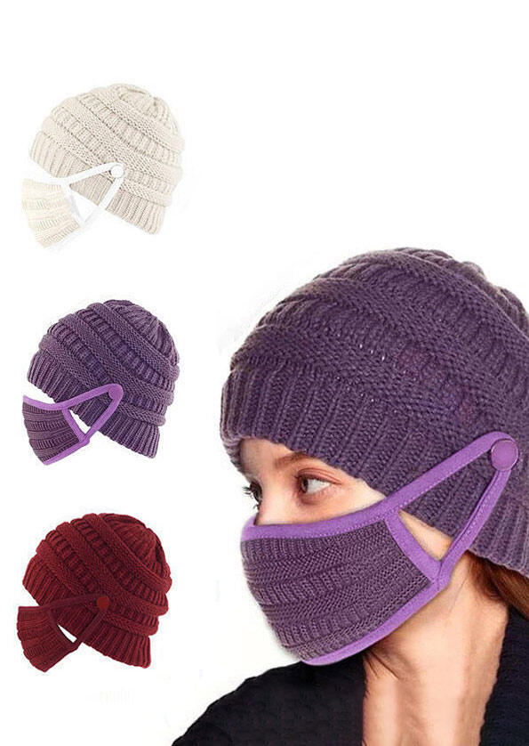 

Hats 2Pcs Winter Button Knitted Beanie Hat And Mouth Shield Set in Apricot. Size