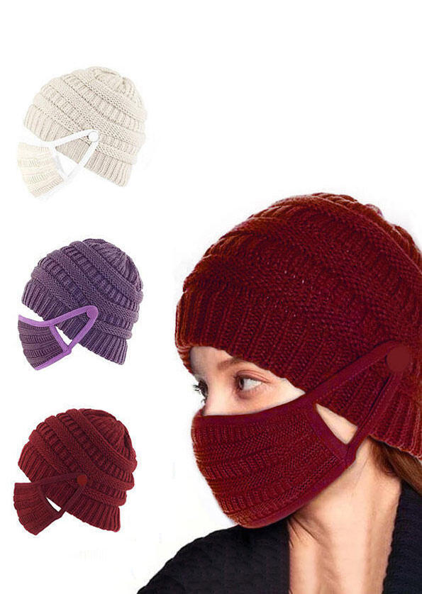 Hats 2Pcs Winter Button Knitted Beanie Hat And Mouth Shield Set in Apricot. Size: One Size