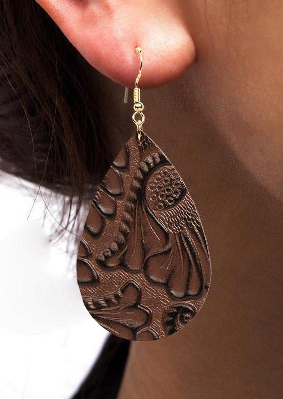 

Earrings Vintage Embossed Palm Leaf Water Drop Leather Earrings in Coffee. Size