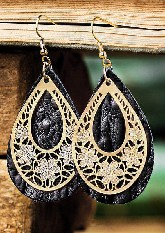 

Earrings Hollow Out Floral Water Drop Leather Earrings in Black. Size