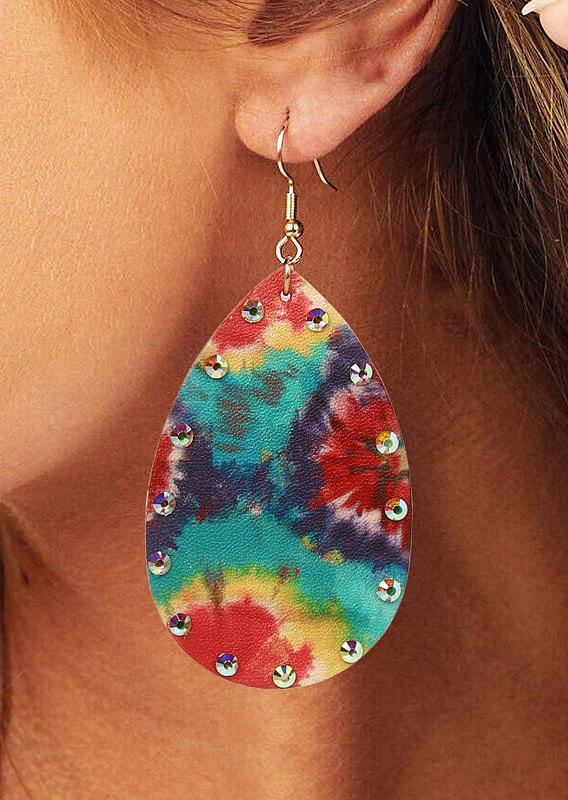 

Earrings Tie Dye Rhinestone Water Drop PU Leather Earrings in Cyan. Size
