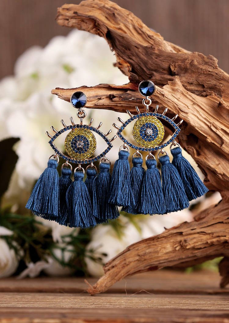 

Earrings Bohemian Eye Of Demon Tassel Hollow Out Rhinestone Earrings in Blue. Size