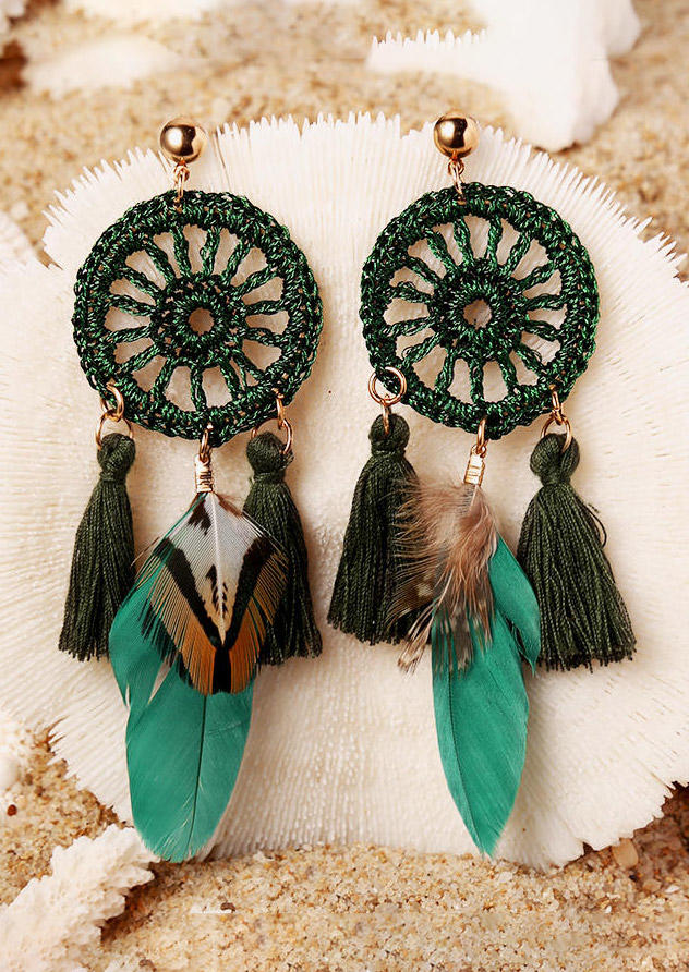 

Earrings Dreamcatcher Feather Tassel Drop Earrings in Green,Burgundy. Size