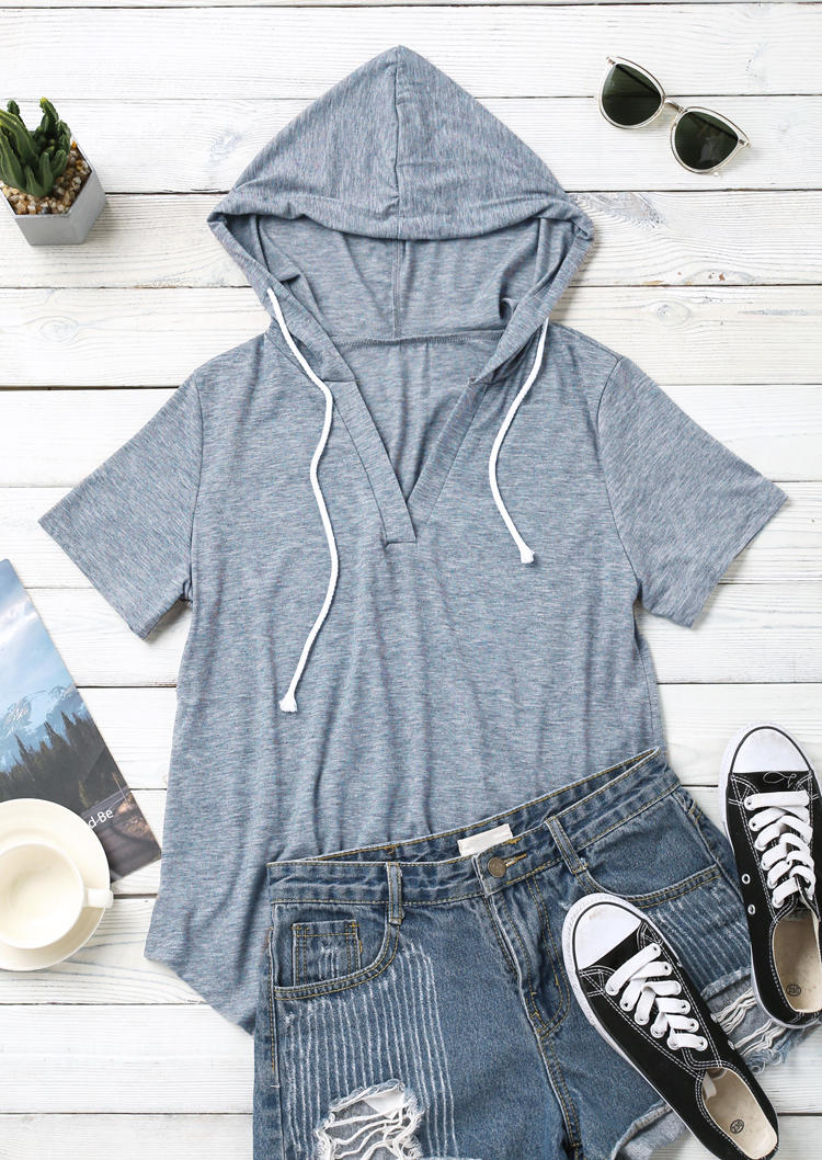 

Blouses Asymmetric Drawstring V-Neck Hooded Blouse in Gray. Size: ,L