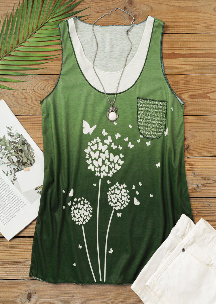 

Tank Tops Dandelion Butterfly Pocket Casual Tank Top in Green. Size