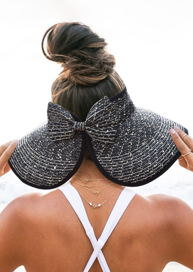 

Hats Sequined Bowknot Hollow Out Sun Visor Rolled Up Straw Hat in Black. Size