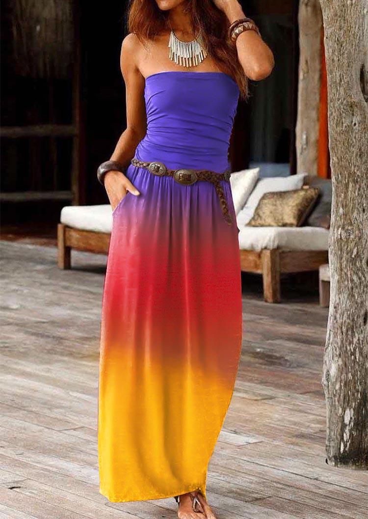 Maxi Dresses Gradient Pocket Strapless Maxi Dress without Belt in Multicolor. Size: M,L