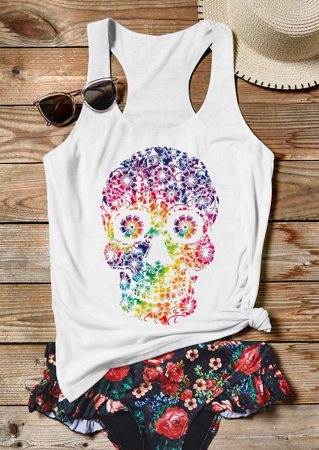 

Tank Tops Tie Dye Floral Skull Racerback Tank Top in White. Size: ,M,L