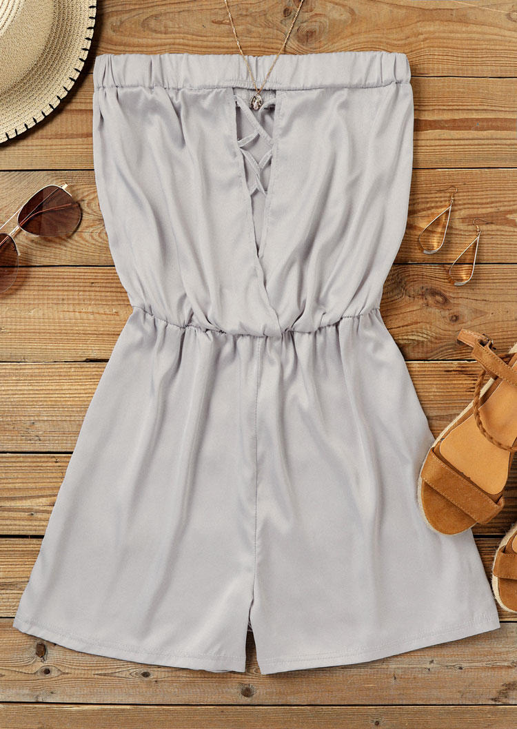 Jumpsuits & Rompers Criss-Cross Ruffled Strapless Bandeau Romper in Gray. Size: S,M,L