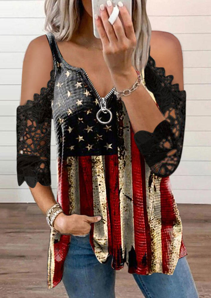 American Flag Star Striped Lace Cold Shoulder Blouse - Black