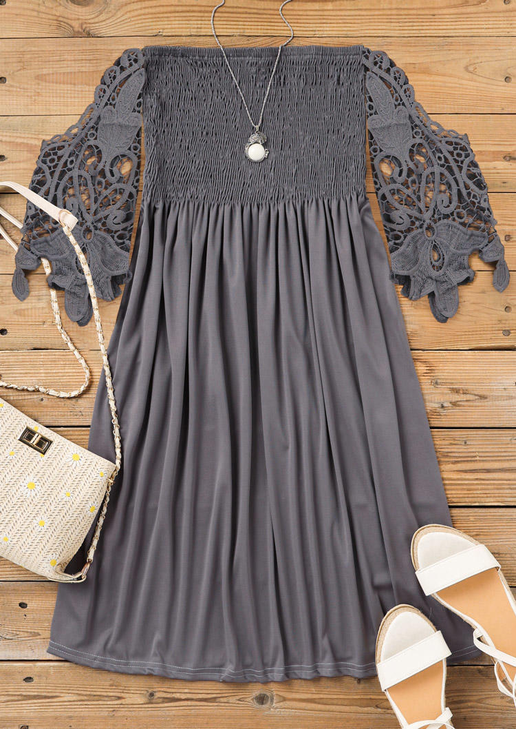 Mini Dresses Lace Splicing Ruffled Smocked Off Shoulder Mini Dress in Dark Grey. Size: S,M,XL