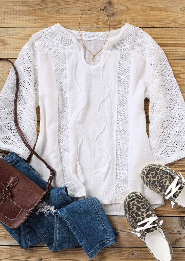 Blouses Lace Tassel Drawstring Three Quarter Sleeve Blouse in White. Size: XL