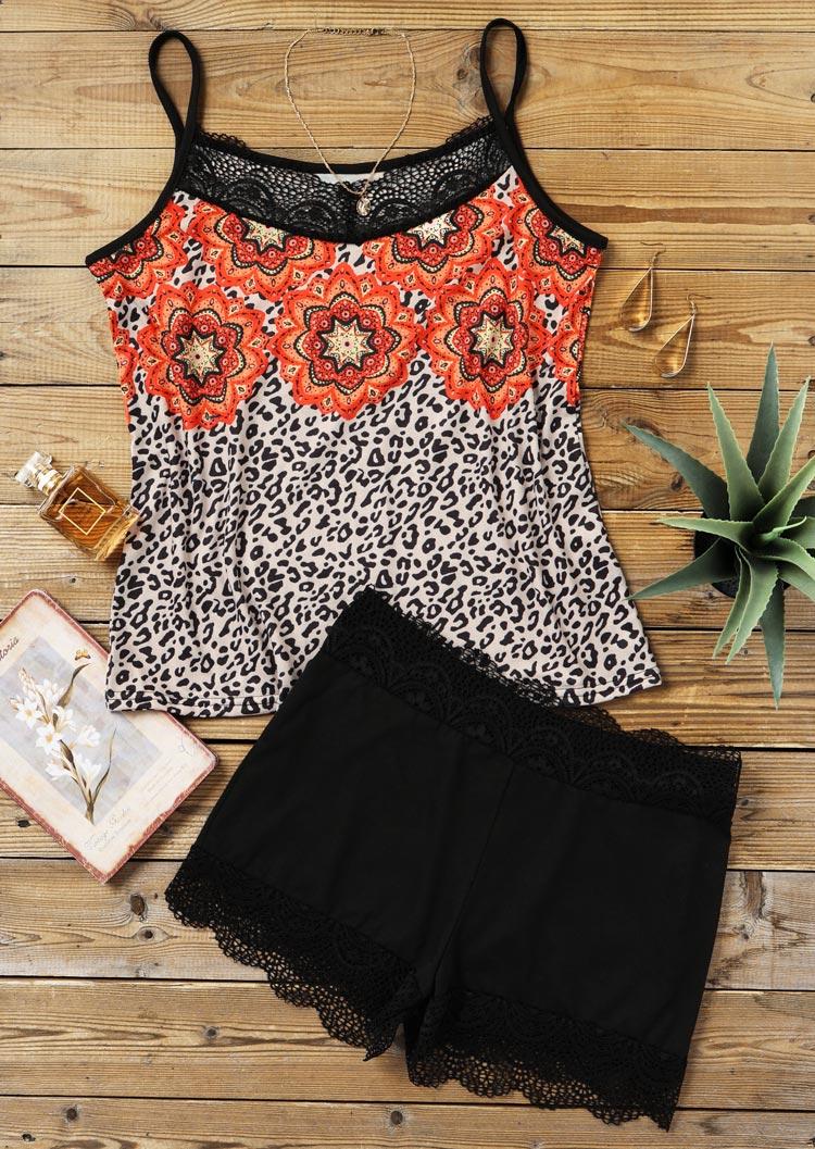 

Sleepwear Leopard Mandala Lace Trim Camisole And Shorts Pajamas Set in Leopard. Size: ,M,L,XL