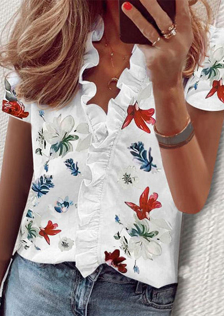 

Shirts Floral Ruffled Short Sleeve Shirt in White. Size