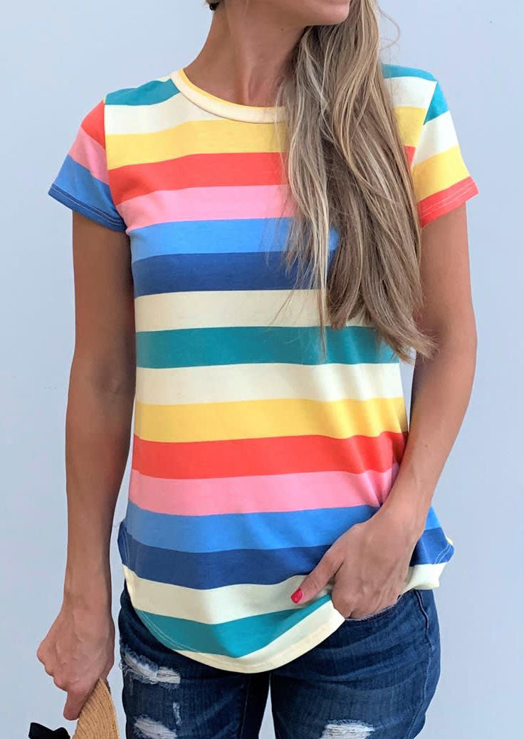 

T-shirts Tees Colorful Striped O-Neck T-Shirt Tee in Multicolor. Size