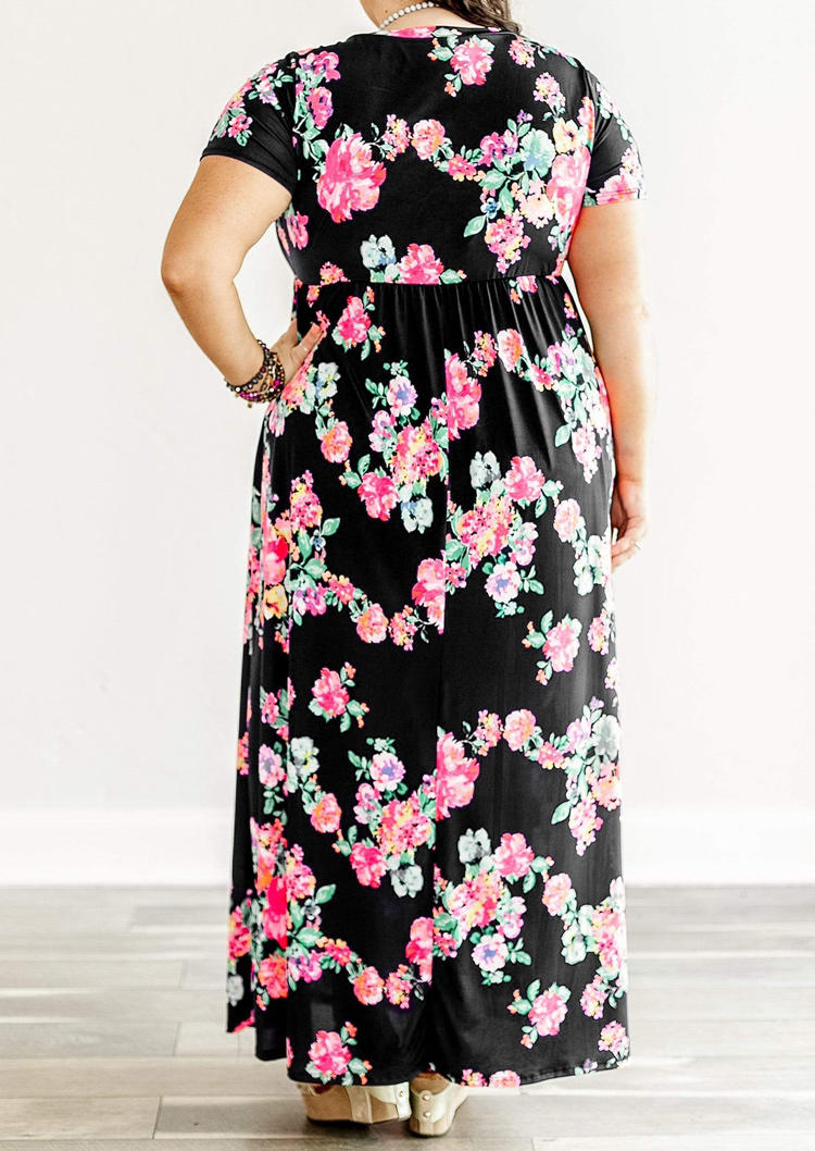 Plus Size Dresses Plus Size Floral Pocket Elastic Waist Maxi Dress in Black. Size: L,XL,2XL