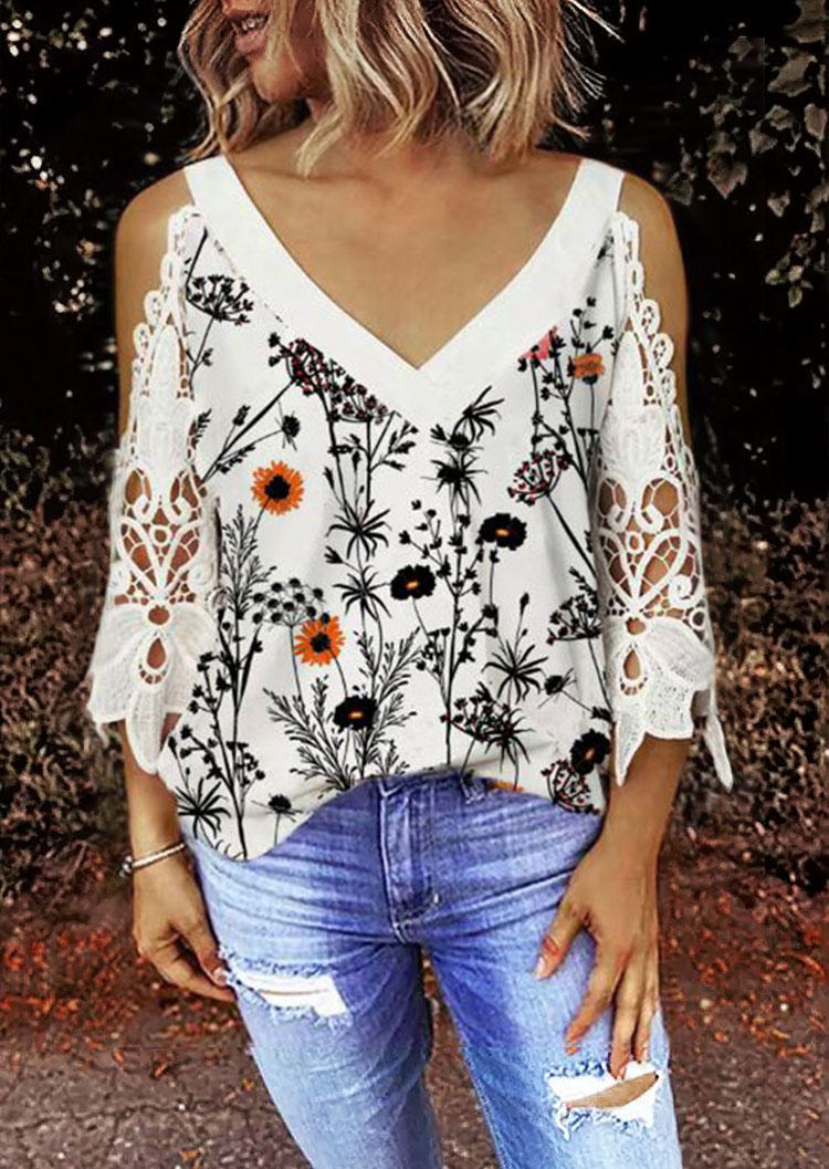 

Blouses Floral Lace Splicing Cold Shoulder V-Neck Blouse in Multicolor. Size: ,M,L,XL