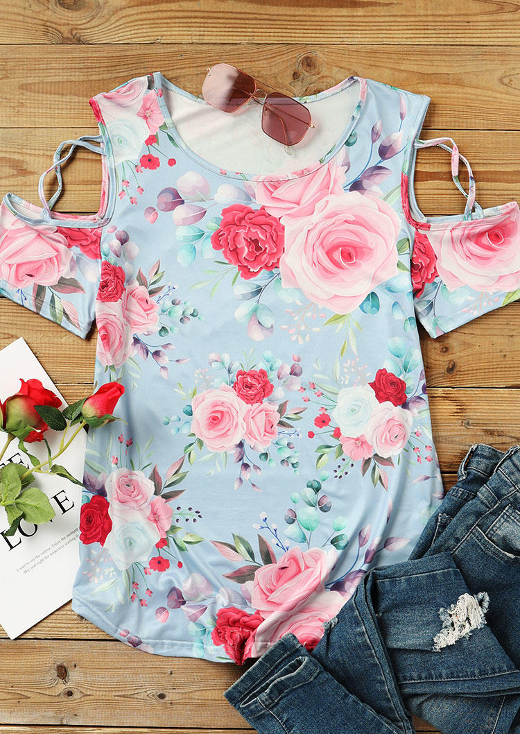

Blouses Floral Criss-Cross Cold Shoulder Blouse in Multicolor. Size: ,L,XL