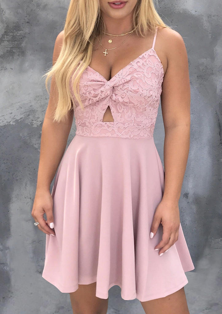 Mini Dresses Lace Hollow Out Twist Open Back Mini Dress in Pink. Size: L,XL