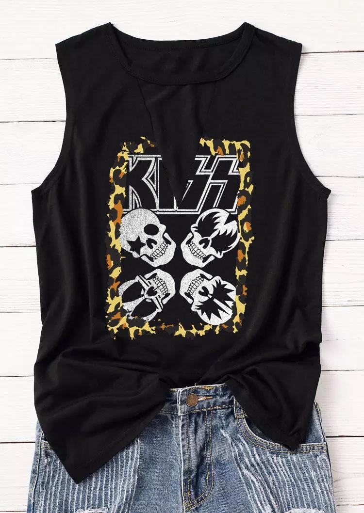 

Tank Tops Kiss Leopard Skull Hollow Out Keyhole Neck Tank Top in Black. Size