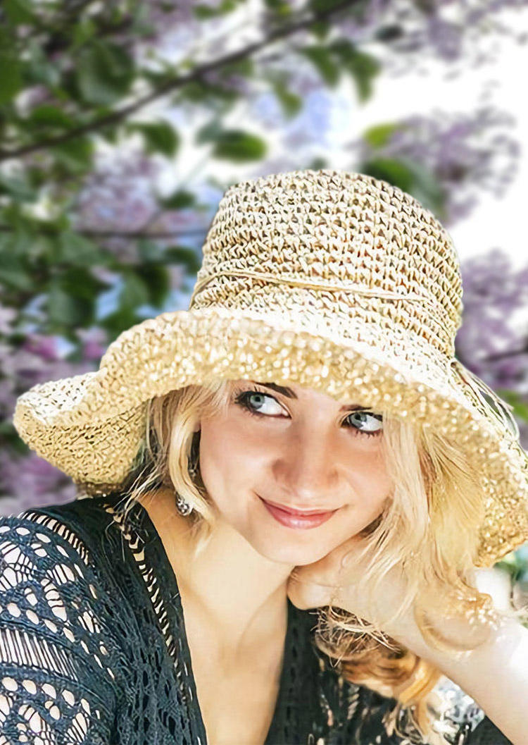 

Hats Foldable Beading Wide Brim Sun Straw Woven Hat in Beige. Size