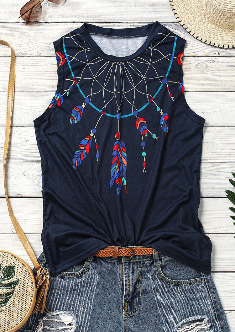 Tank Tops Dreamcatcher Feather Sleeveless Tank Top in Navy Blue. Size: S,M,L,XL