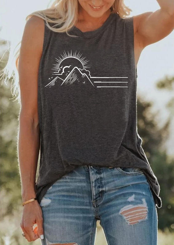 

Tank Tops Sunset Mountain O-Neck Tank Top in Navy Blue. Size