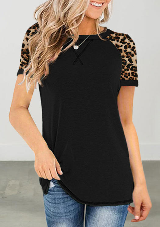 

Blouses Leopard Raglan Sleeve O-Neck Blouse in Black. Size