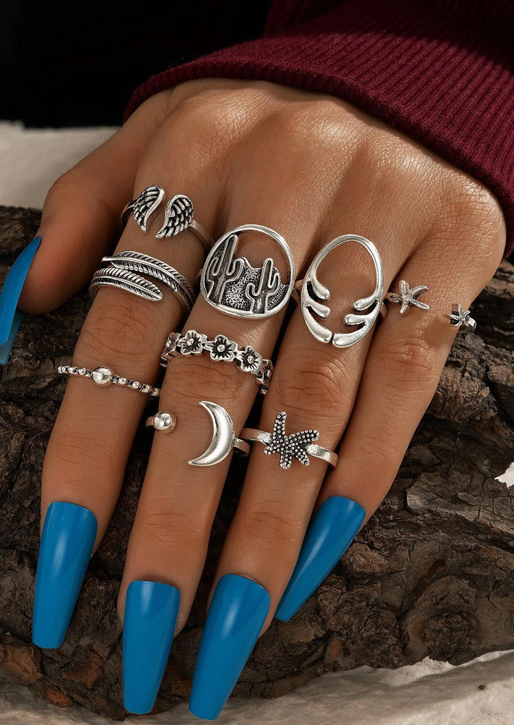 

Rings 9Pcs Vintage Cactus Starfish Wing Moon Open Mouth Ring Set in Silver. Size