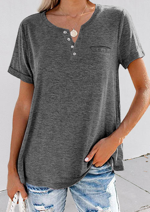 

Blouses Button Fake Pocket Short Sleeve Blouse in Dark Grey. Size: ,M,L,XL