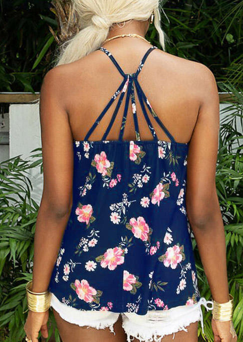 Tank Tops Floral Open Back Hollow Out Casual Camisole in Black. Size: S,XL