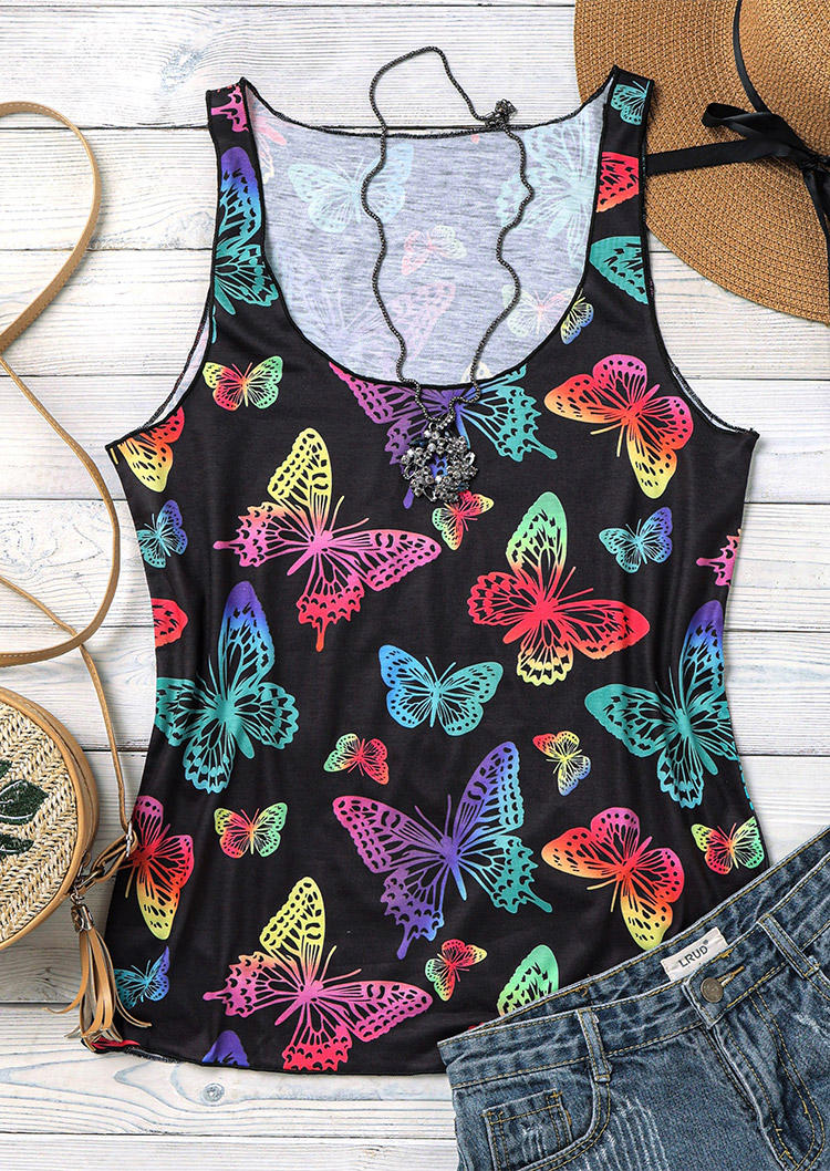 Tank Tops Gradient Colorful Butterfly Casual Tank Top in Black. Size: S,M,L