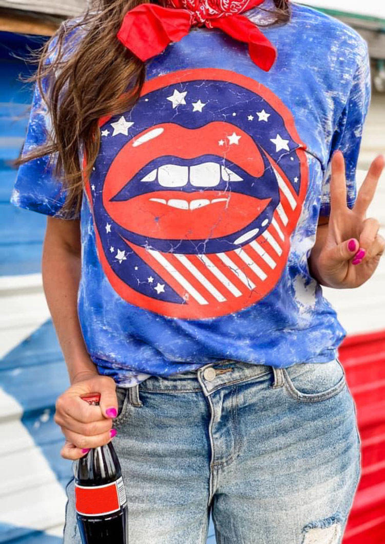

T-shirts Tees American Flag Star Lips Tie Dye T-Shirt Tee in Blue. Size: ,M,L,XL