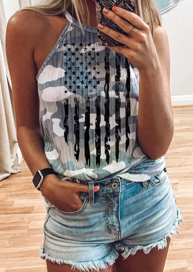 

Tank Tops Camouflage American Flag Star Striped Halter Tank Top in Multicolor. Size