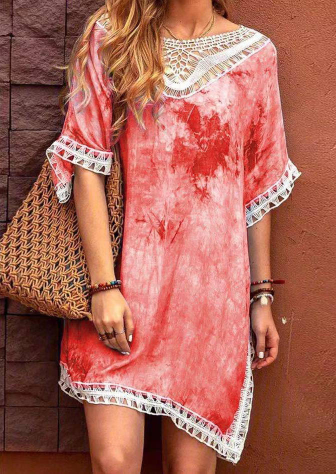

Mini Dresses Lace Tie Dye Hollow Out Crochet Mini Dress in Red. Size: ,M,L,XL