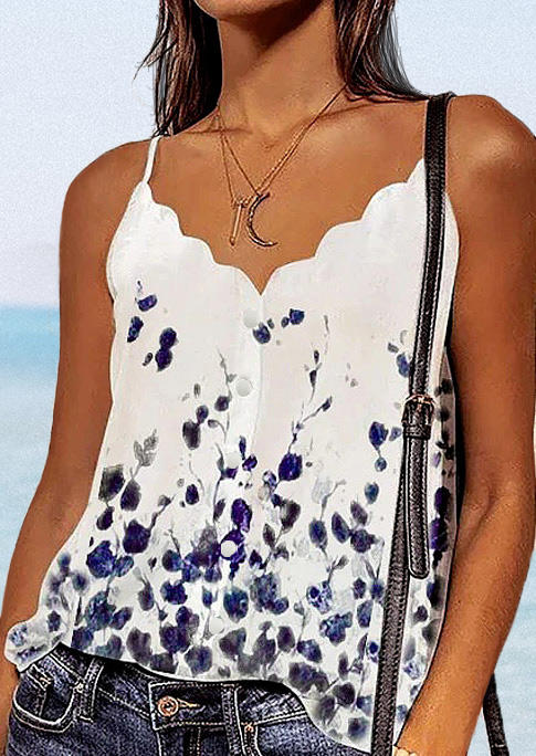 

Tank Tops Floral Ink Painting Button Casual Camisole in White. Size