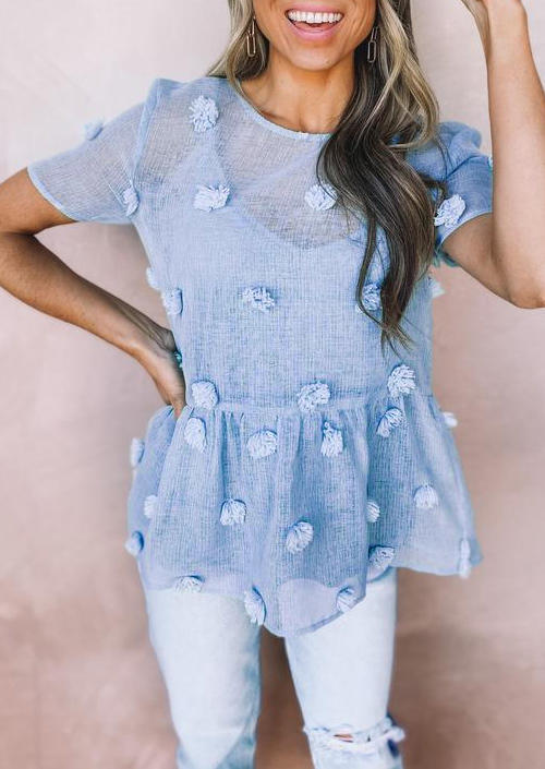 

Blouses Dotted Swiss See-Through O-Neck Blouse - Blue in Blue. Size: ,M,L,XL