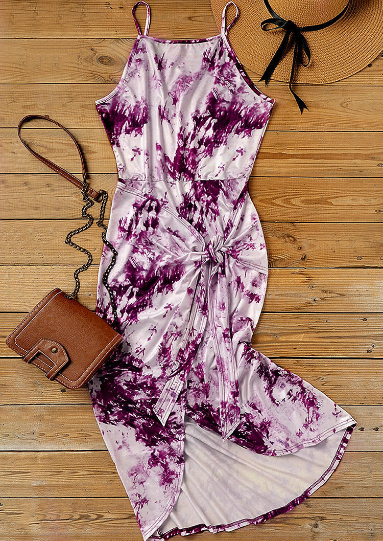 Midi Dresses Tie Dye Asymmetric Spaghetti Strap Midi Dress in Purple. Size: M,L,XL