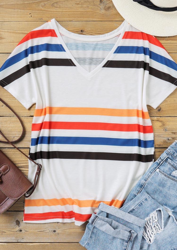 

Blouses Color Block Striped V-Neck Blouse in White. Size: ,M,L