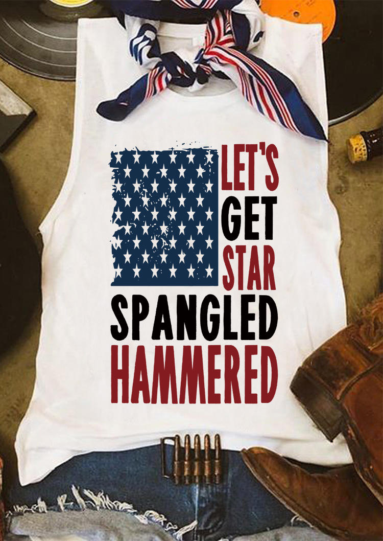 Tank Tops American Flag Let's Get Star Spangled Hammered Tank Top in White. Size: 2XL,3XL
