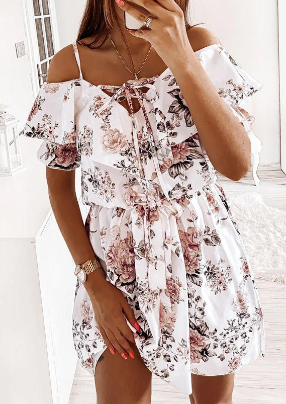 

Mini Dresses Floral Tie Cold Shoulder Layered Mini Dress in White. Size: ,L