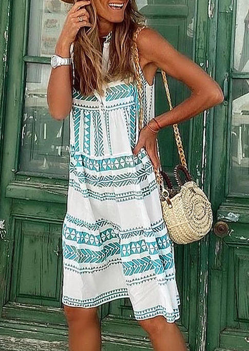 

Mini Dresses Bohemian Geometric Notched Neck Mini Dress in Cyan. Size: ,XL