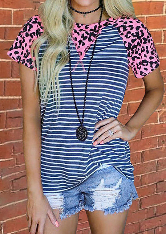 

Blouses Leopard Striped Splicing O-Neck Blouse in Blue. Size: ,XL