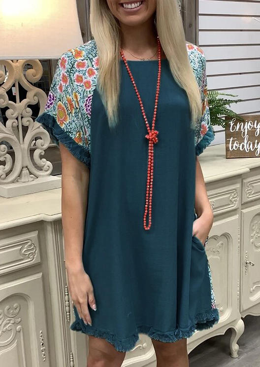 

Mini Dresses Floral Frayed Hem Pocket Mini Dress in Cyan. Size