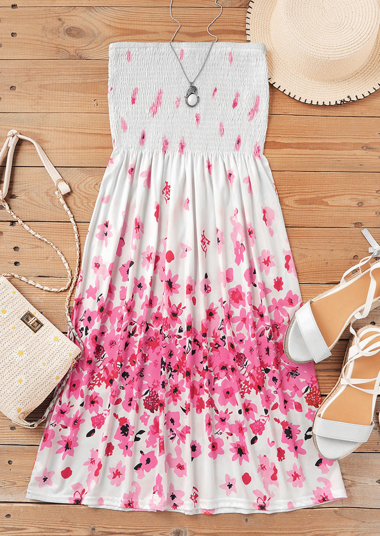 Mini Dresses Floral Smocked Strapless Ruffled Mini Dress in White. Size: S